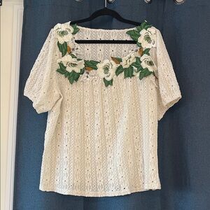 SHEIN White Lace Blouse with Green Floral Accents